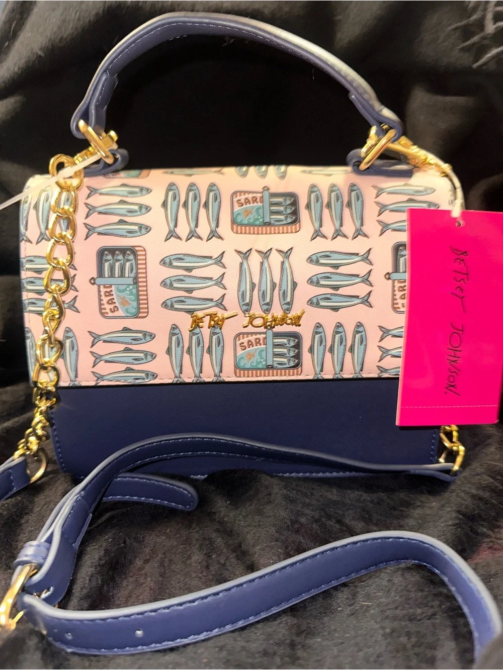 Betsey Johnson XOMYLO2 Sardine Fish Tin Top Handle Crossbody Bag Navy Multi NWT